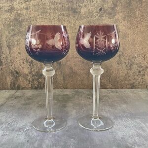 Vtg Hortensja Poland Amethyst Bohemian Hand Cut Crystal Hock Wine Glasses Set 2